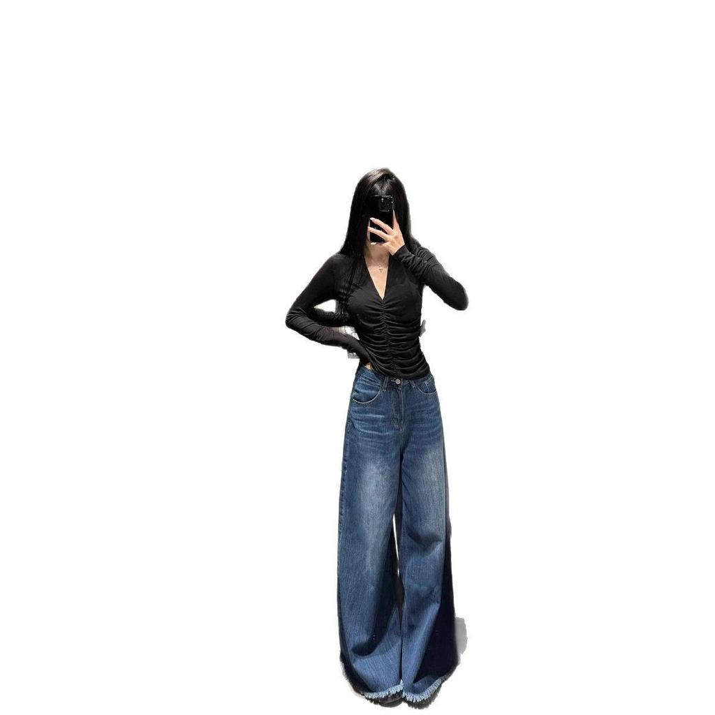 Retro Gray Wide-Leg High-Waist Jeans for Women - Slimming, Loose Fit, Floor-Length Hem