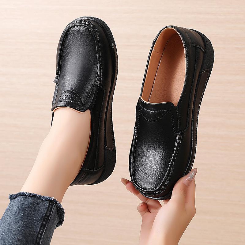 Spring and Autumn Soft Leather Thick Soled Sponge Cake Shoes, Slope Heel Casual Single Shoes, One Step Lazy Shoes, Waterproof Platform Women's Shoes