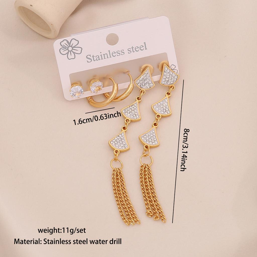3 Pairs Flower Tassel Stud Earrings, Satisfy Drop Moon Stainless Steel Earrings, Versatile Ear Jewelry
