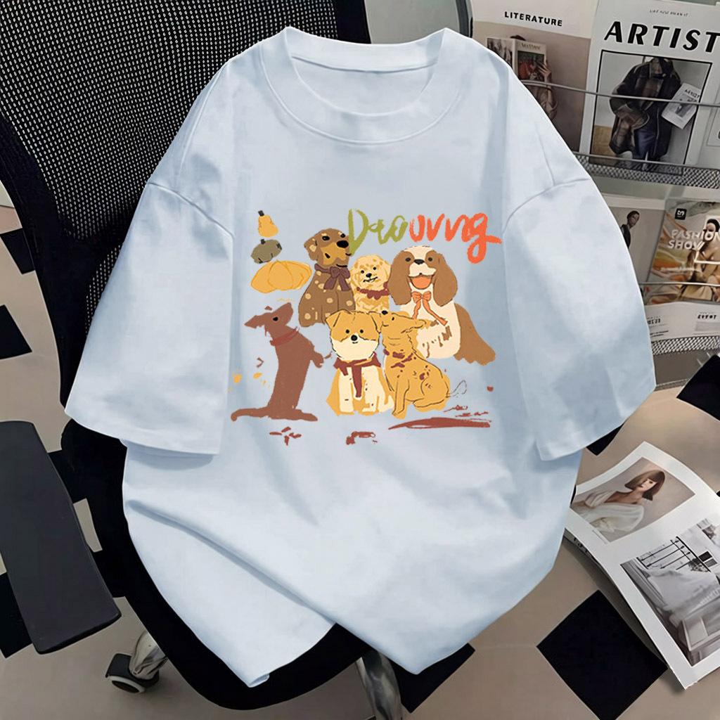 Women Cute Dog Graphic Print Cotton Short Sleeve T-Shirt Loose Oversized Round Neck Basic Tee Plus Size Casual Summer Tops