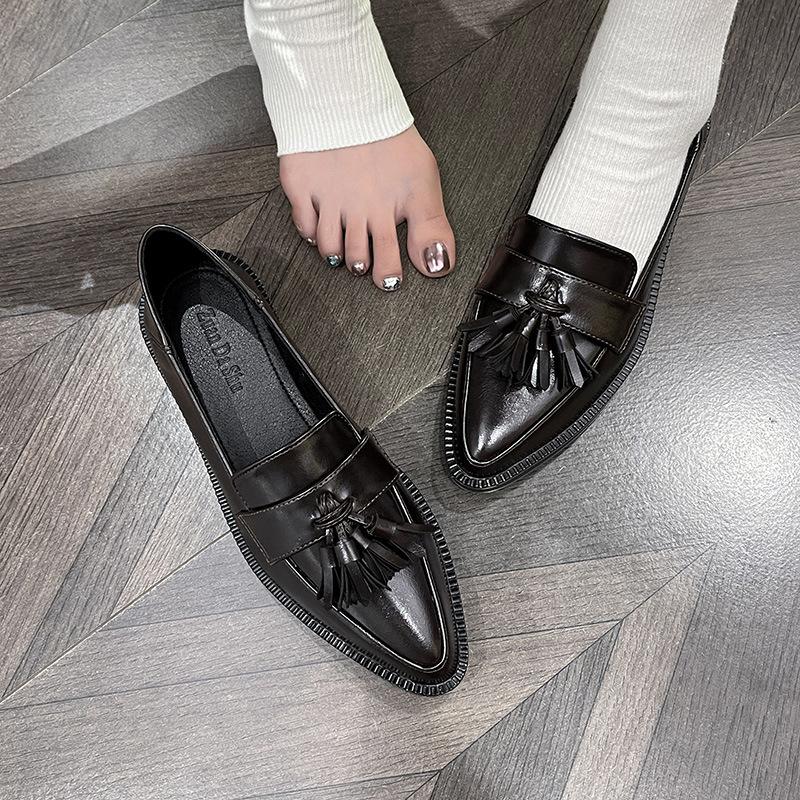 Pointed Toe Tassel Oxfords Woman Solid Small Leather Shoes Ladies Thicken Soled Flats Mocasines Mujer Loafers Barefoot Sneakers
