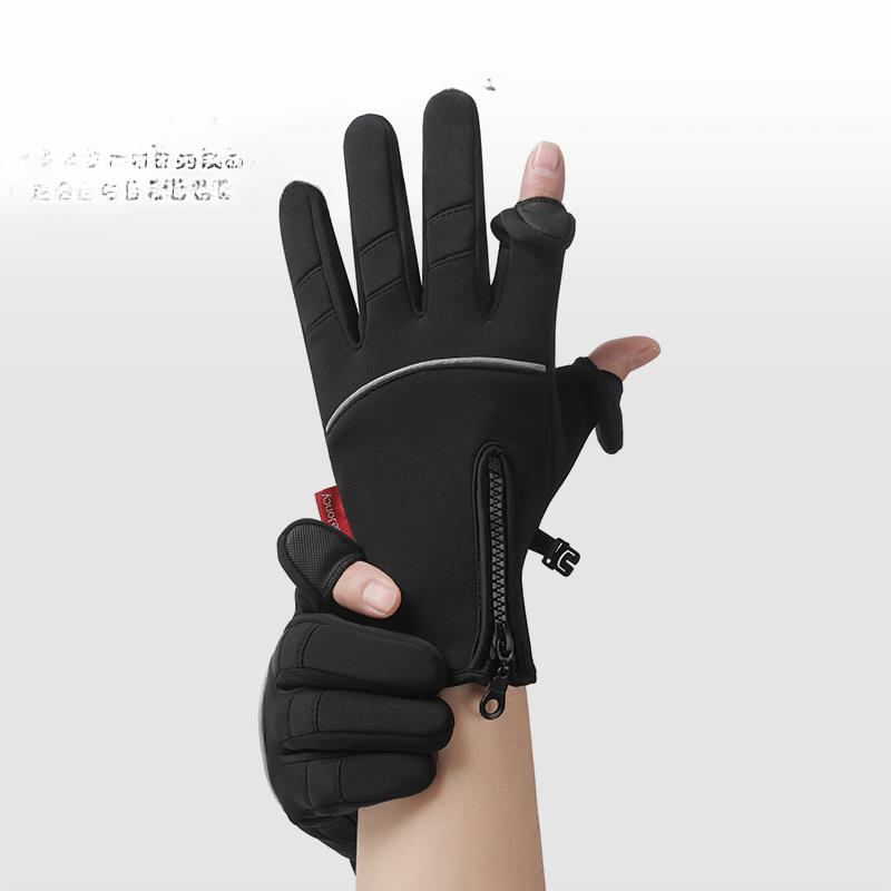 Cycling Gloves Two Finger Men's New Winter Outdoor Anti Slip Plus Velvet Warm and Cold Touch Screen Riding Gloves