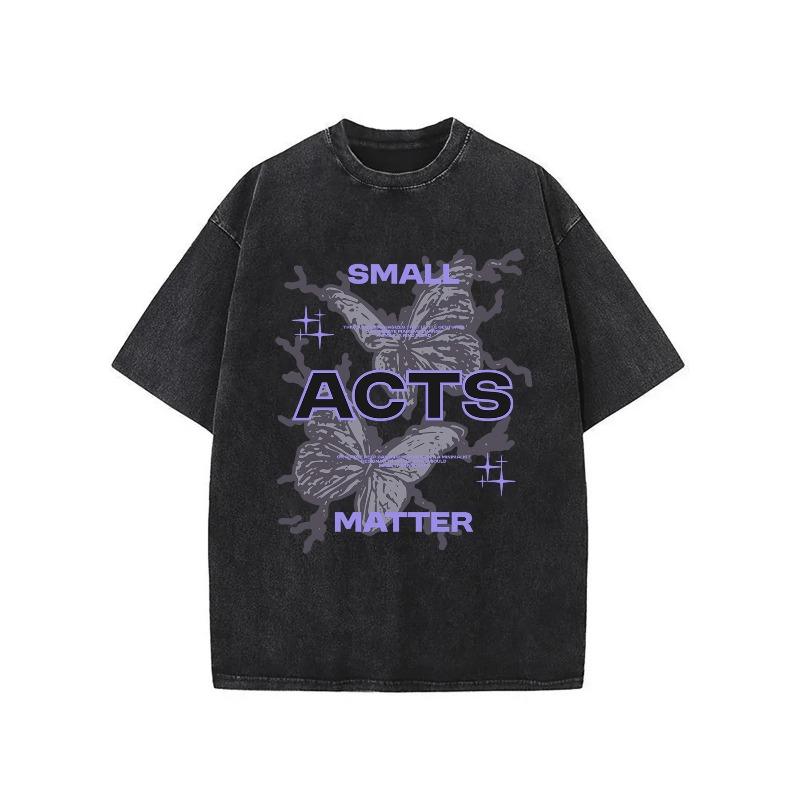 

European sizes Men S T-Shirt | SMALL ACTS MATTER Letter Print with Butterfly Design, Short Sleeve Crew Neck Casual Top, Slight Stretch Fabric 5XL чорний