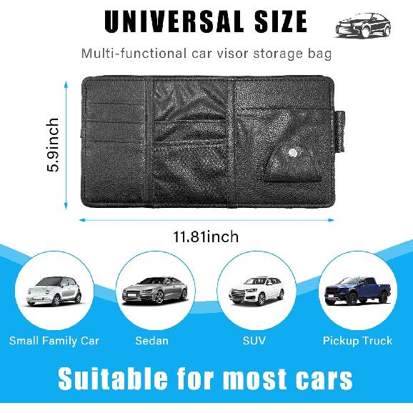 Augeny Car Sun Visor Organizer, Leather Personal Belonging Storage Pouch With Zipper, Car Visor Storage Pouch Sunglasses Holder, Auto Interior