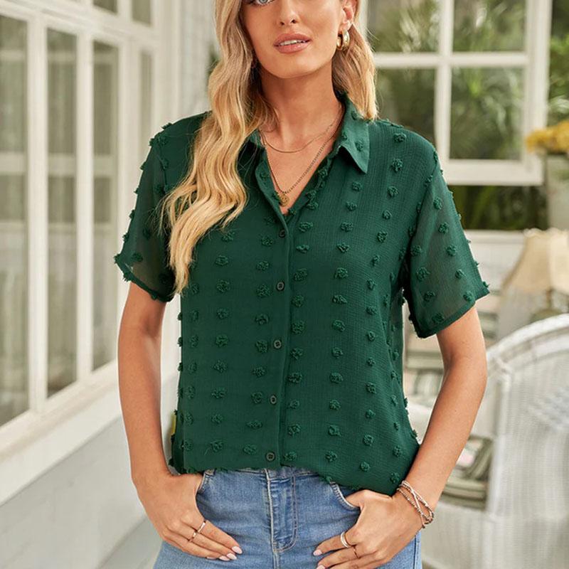 

Женская летняя однотонная свободная блузка с коротким рукавом и лацканами, универсальная рубашка, топ M зелёный