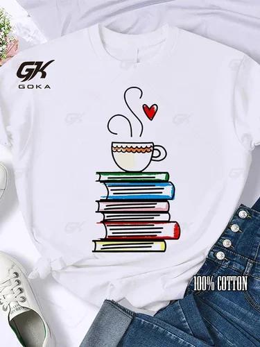 Coffee Books Brown Books American Retro Cotton T Shirt Woman Round Neck Half Sleeve T-shirts Printed Tops Woman Oversized Tees