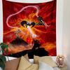 A fiery battle scene with a demon-like creature and a wizard on a cliff. Patterned tapestry for bedroom and living room home decor