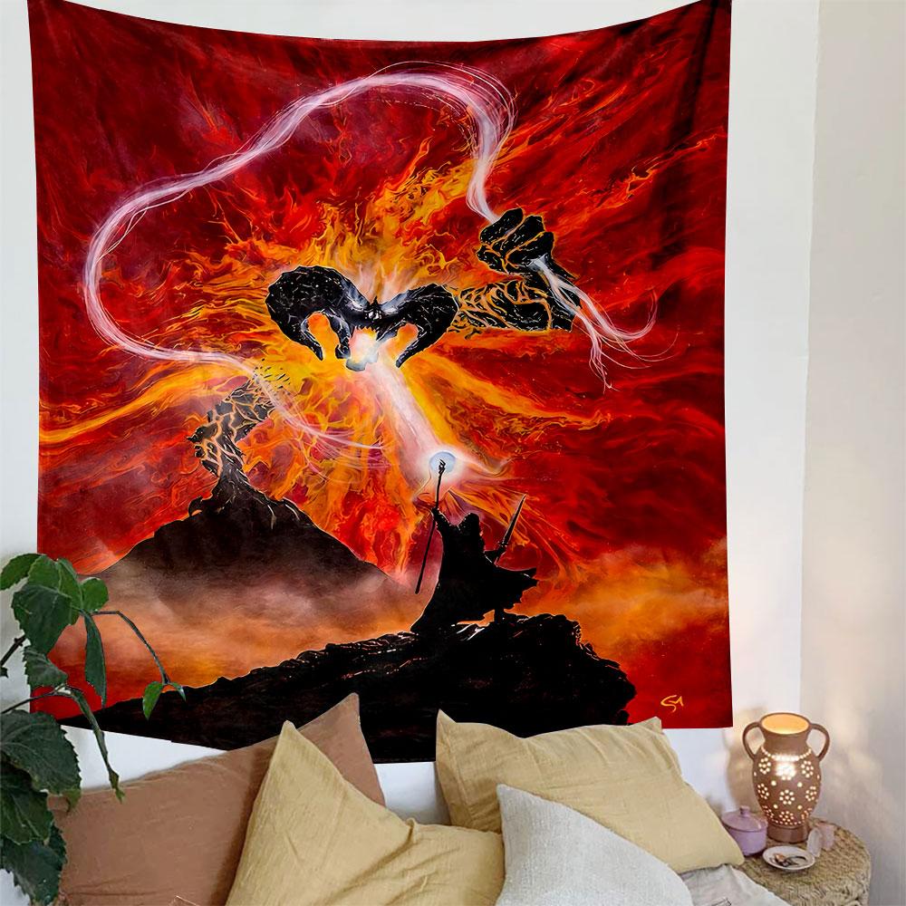 A fiery battle scene with a demon-like creature and a wizard on a cliff. Patterned tapestry for bedroom and living room home decor