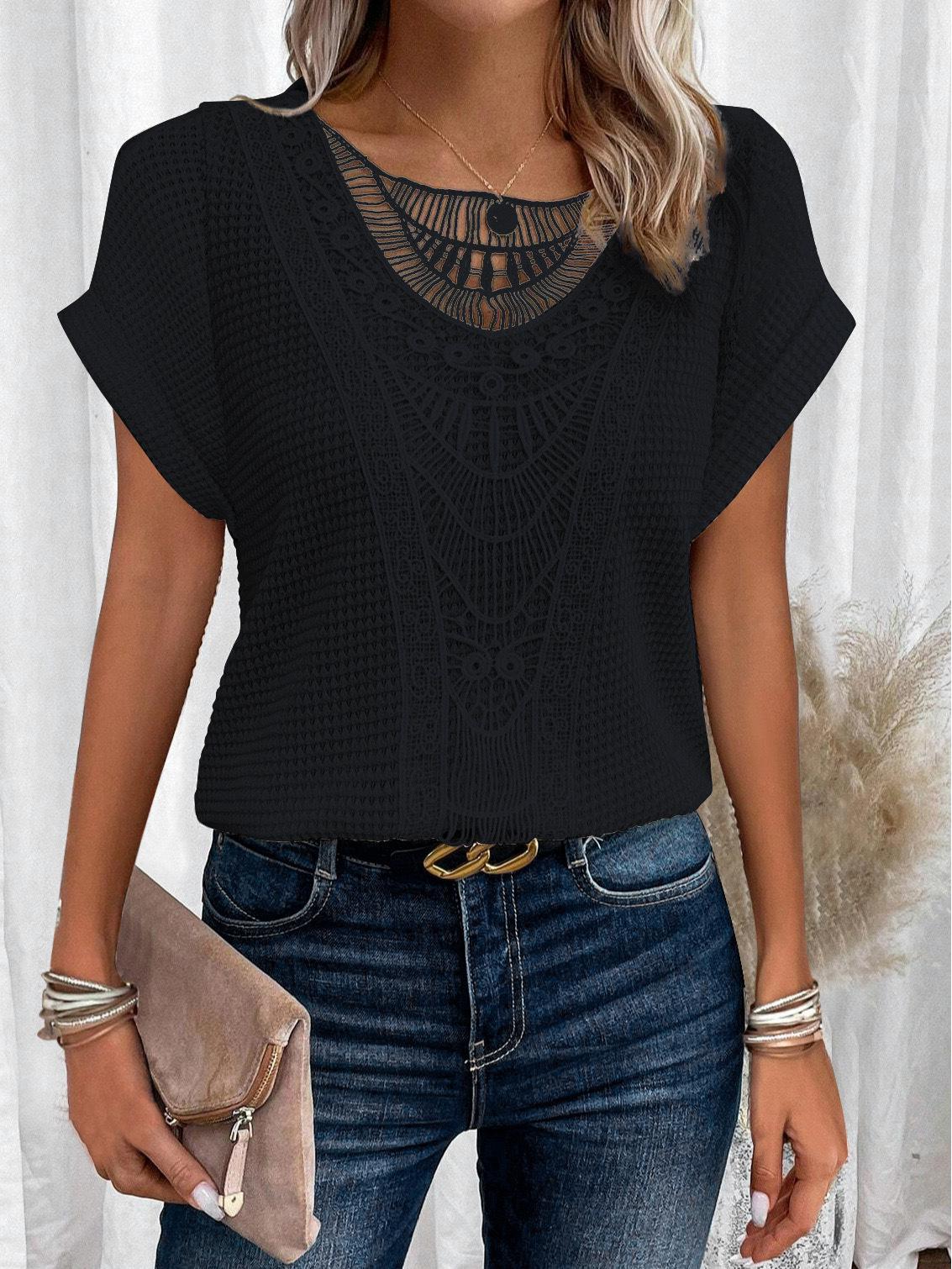 

Spring/Summer 2026 Lace Patchwork Hollow Short Sleeve Women s T-shirt XXL