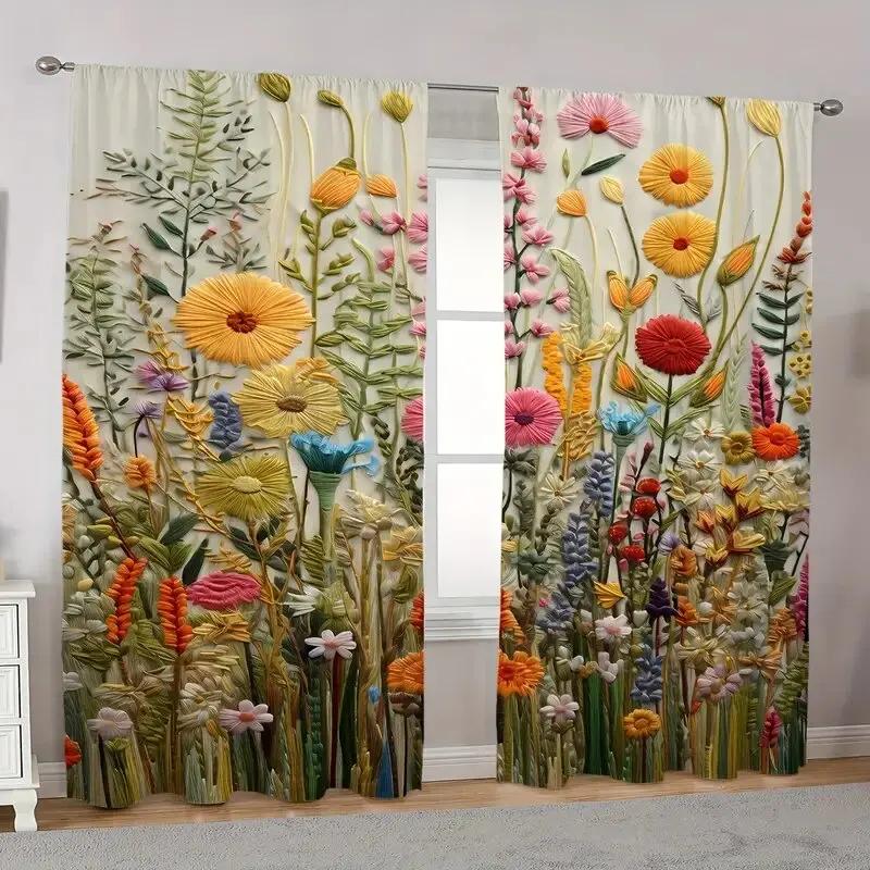 Art Plant Print Curtains Pole Bag Home Decoration Room Curtain Set Of 2 Classic Made Polyester Washable