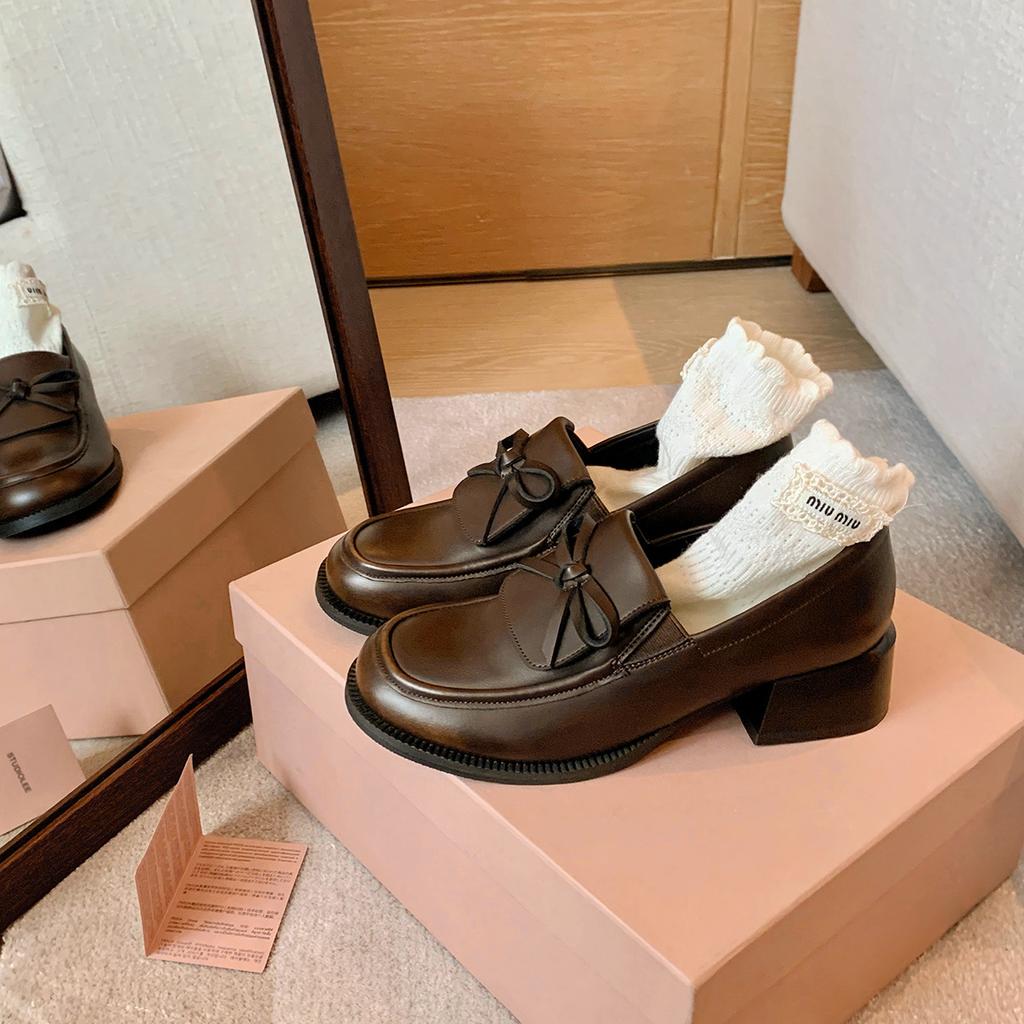 Cowhide Version~ Grape Ma Same Height Increase 5cm Flip Bow Lazy Thick Heel Thick Sole Loafers Women's Small Leather Shoes