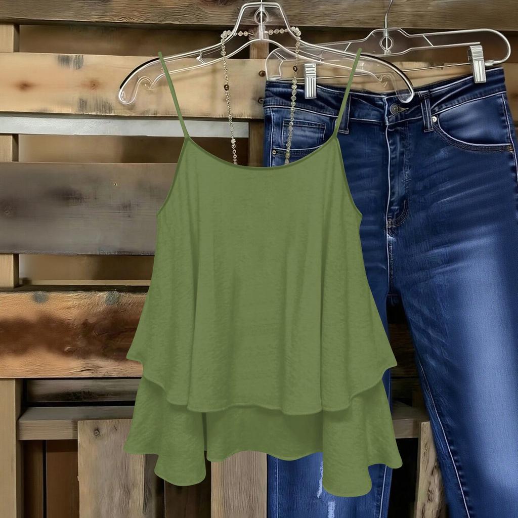 Women Sleeveless Double Layer Camisole Top Solid Color Strap Summer Casual Loose Fit Lightweight Blouse