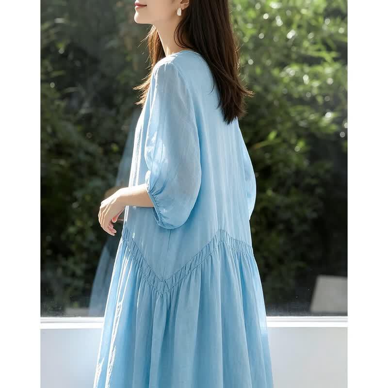 Women's Ramie Lantern Sleeve A-line Midi Dress