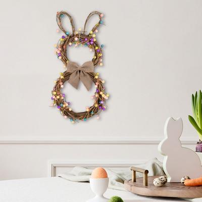Easter Bunny Wreath with Pastel Eggs Artificial Twig Wreath with Burlap Bow Spring Rabbit Shaped Door Wreath for Front Door Decor
