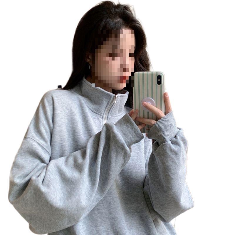 Women's Grey Mid-Length Polo Hoodie - Autumn Winter 2023 Lazy Style Trendy Outerwear
