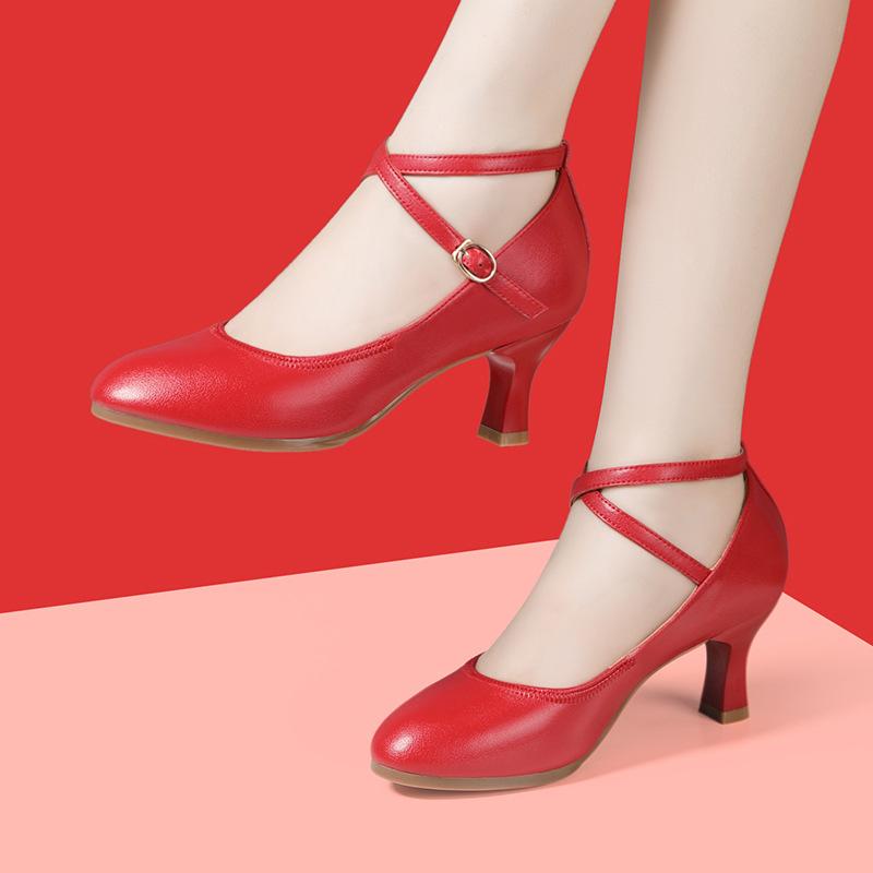 5.5cm 6cm Elegant Comfortable Ankle Bandage Med Block Heels Shoes Women Spring 2025 Soft Leather Shoes for Office Dance Work