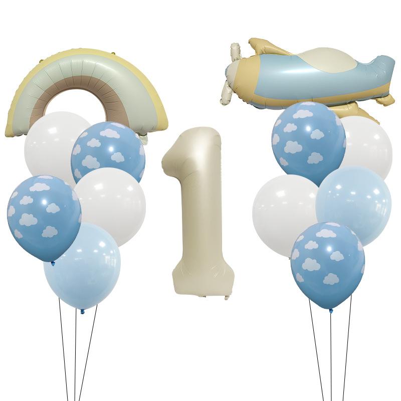 

32 Inch Caramel Milk White Digital Retro Matte Small Plane Rainbow Aluminum Film Balloon Set Birthday Atmosphere Arrangement Retro Small Plane Package 1