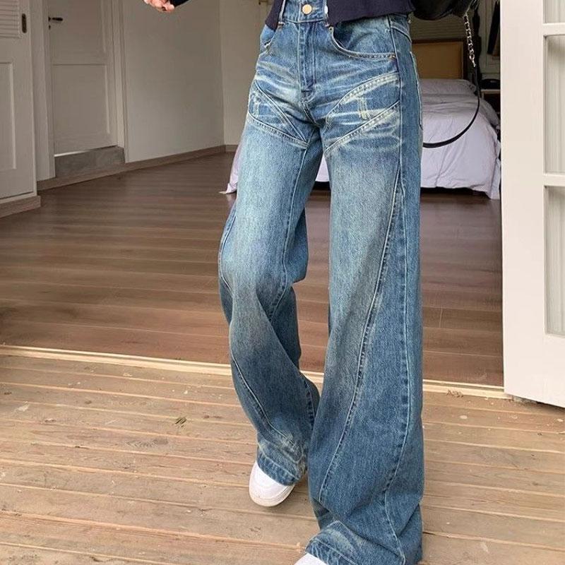 Women's Vintage Washed Wide Leg Jeans High Waist Loose-fit Distressed Denim Pants