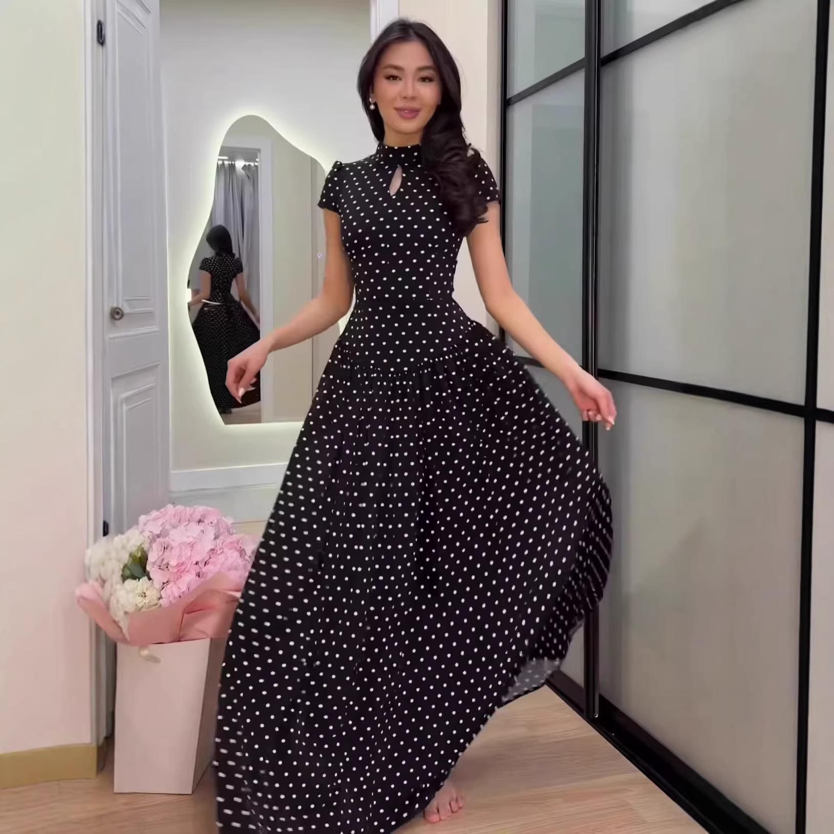

2026 Polka Dot Short Sleeve High Neck Slim Fit Elegant Long Dress for Women Extra Extra Large