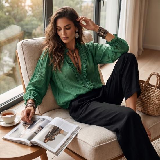 Solid Color Pullover Women Ruffle V-Neck Top, Casual Long Sleeve Breathable Shirt Shirt, Retro Pleated Loose Blouse for Autumn