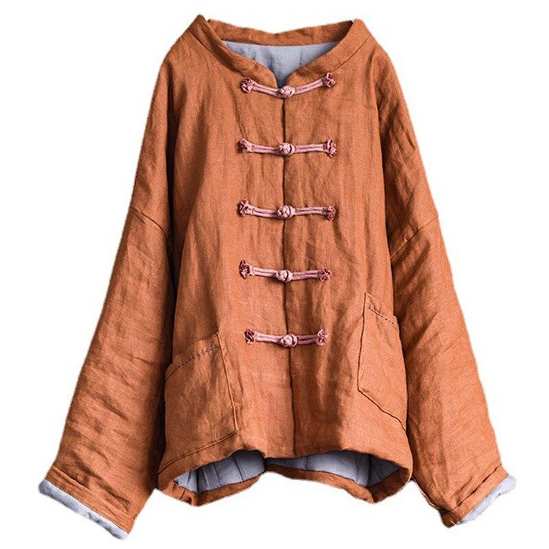 Johnature Frauen Vintage Leinen Parkas Taste Einfarbig Mäntel Winter Stand Plus Baumwolle Taschen Weibliche Chinesische Parkas