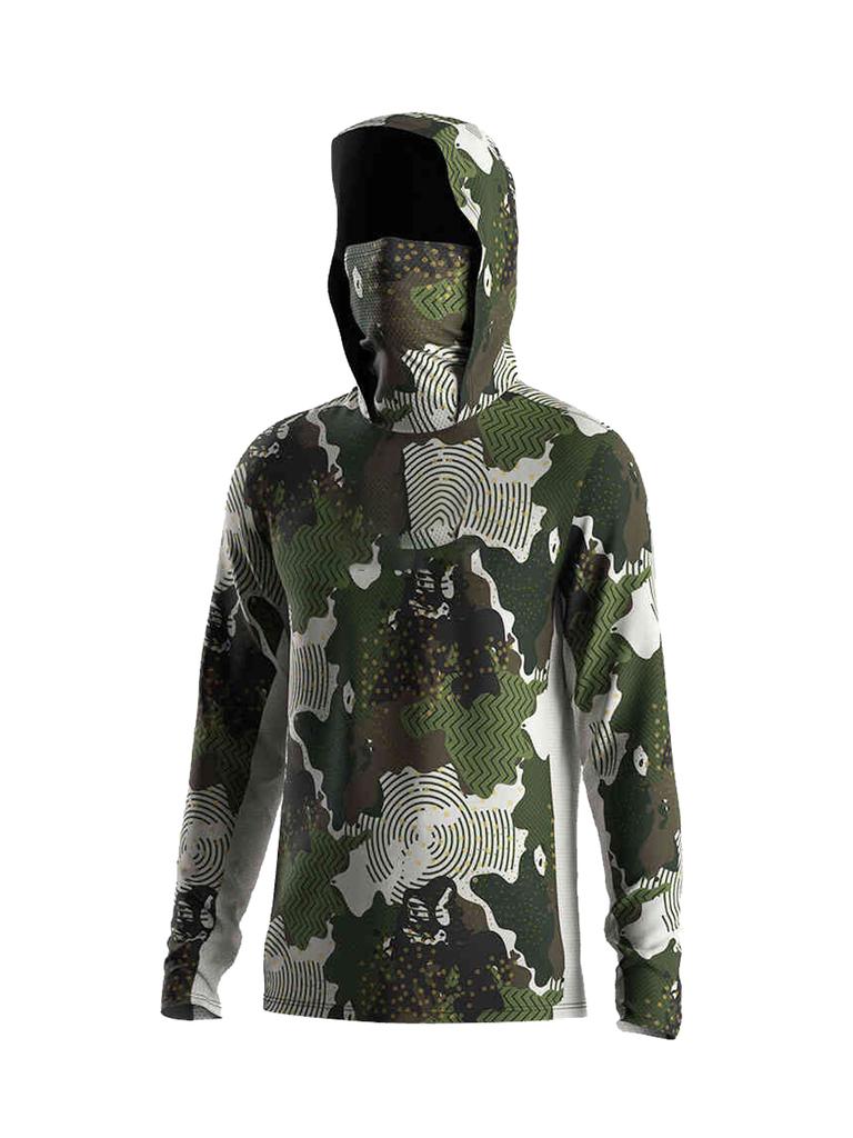 Men Splash Print Hooded Fishing Shirt Built‑in Face Mask UPF50+ UV Protection Mesh Sides Quick Dry Long Sleeve Outdoor Top