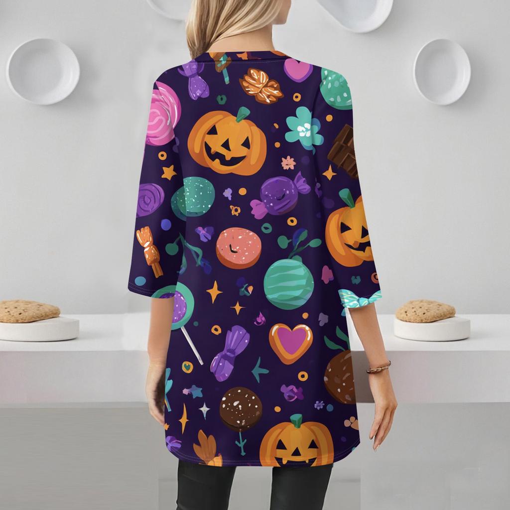 Womens's Fashion Casual Halloween Print V-neck Mid Length Pocket 3/4 Sleeve Top