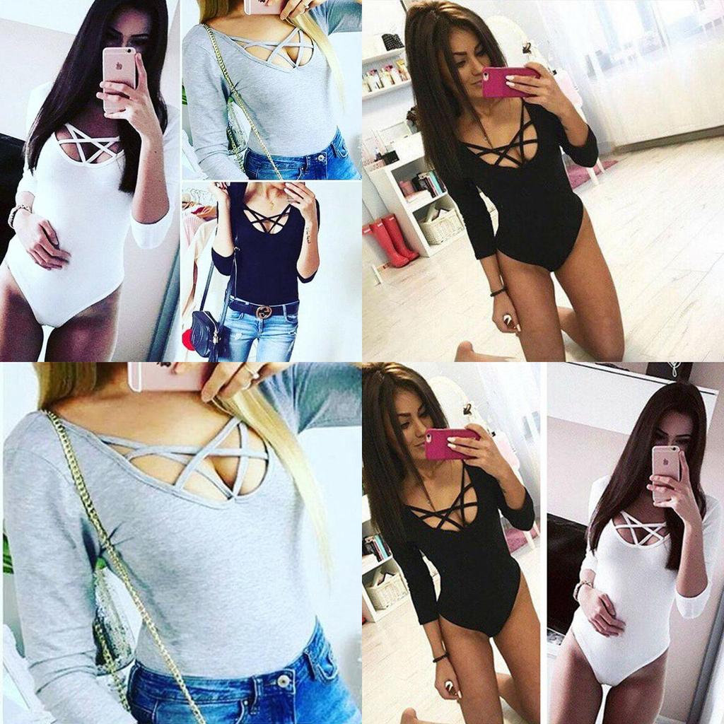 Elegant Womens V Neck Plunge Long Sleeve Plain Stretch Bodysuit Catsuit Leotard Top