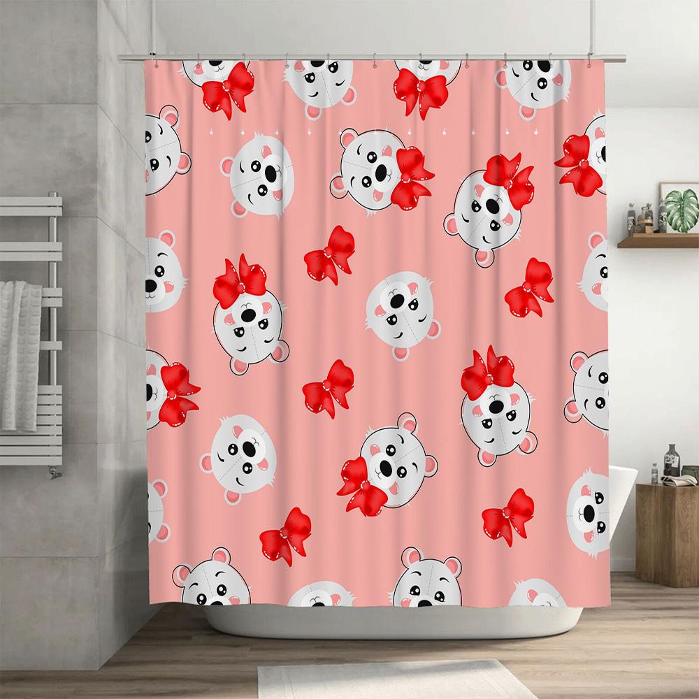Adorable Red Bow Print Bear Shower Curtain Pink Bath Decoration Waterproof Home Decor Bathroom Artistic Animal Pattern Fabric Ra