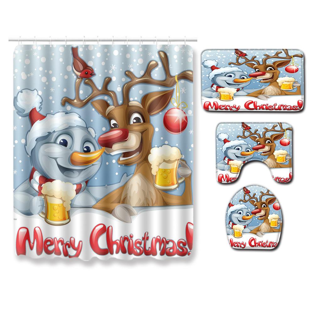 Christmas Shower Curtain Polyester Cloth Toilet Seat Four-Piece Set Entrance Door Mat Bedroom Living Room Floor Mat Carpet