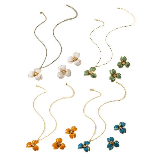 2Pcs/Set Women Jewelry Set Enamel Flower Charm Adjustable Length Necklace Faux Pearl Drop