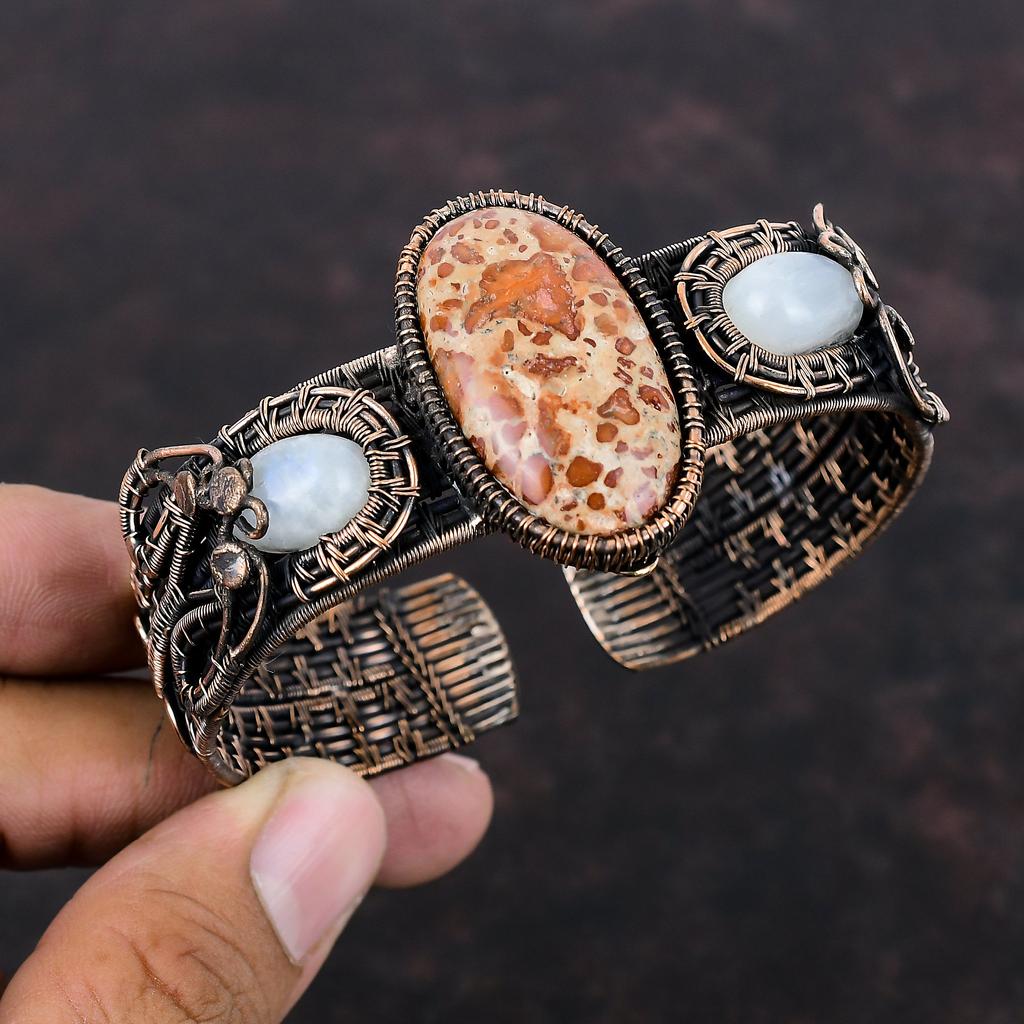 Asteroid Jasper Bangle Copper Wire Wrapped Gemstone Cuff Bracelet Rainbow Moonstone Bangle Handmade Adjustable Bangle Dainty Copper Jewelry