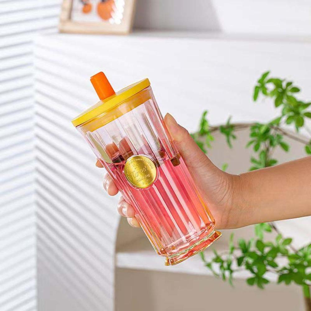 

500ml Slender Waist Glass Cup with Lid and Straw Gradient Candy Color Drinking Glasses Drinkware for Juice Water and Iced Coffee рожевий