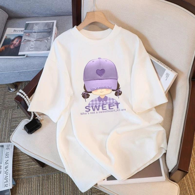 Tricou cu mânecă scurtă din bumbac pur, alb, pentru femei, de vară, nou, de dimensiuni mari, design lejer, imprimat, subțire, cu mânecă jumătate