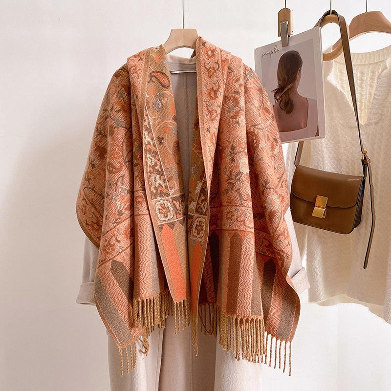 Small floral tassel shawl women's autumn and winter core-spun yarn warm scarf thickened imitation cashmere travel scarf