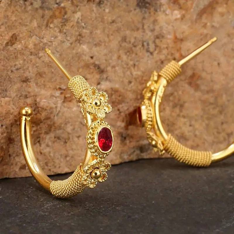 

Huitan Luxury Women Gold Color Hoop Earrings Flower Aesthetic Design Elegant Wedding Engagement Accessories Zircon with Red CZ