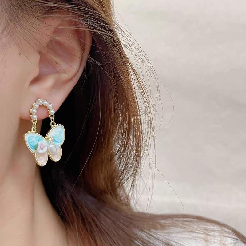 Sweet wind oil painting three-dimensional butterfly flower earrings, exquisite design personalized versatile earrings women