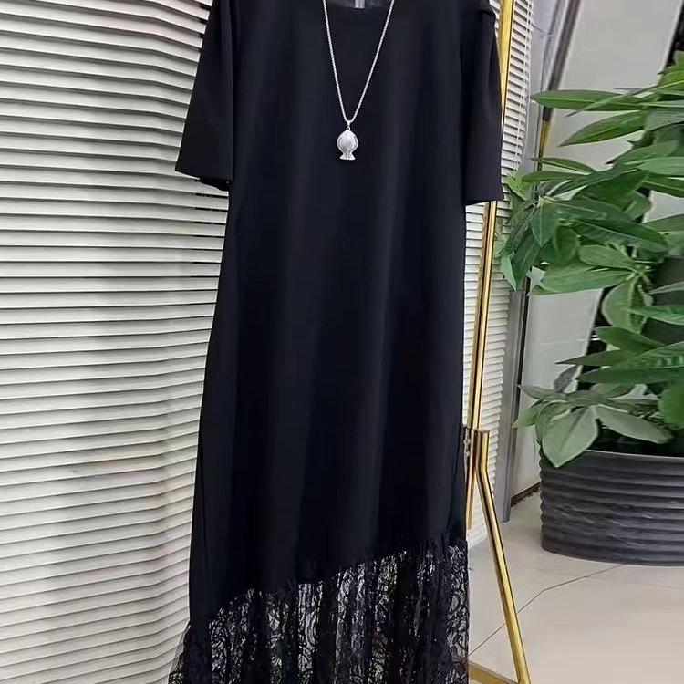 Plus Size Women's Short Sleeve Lace Hem Midi Dress - Age-Reducing, Slimming, Casual Style for 300 Jin MM