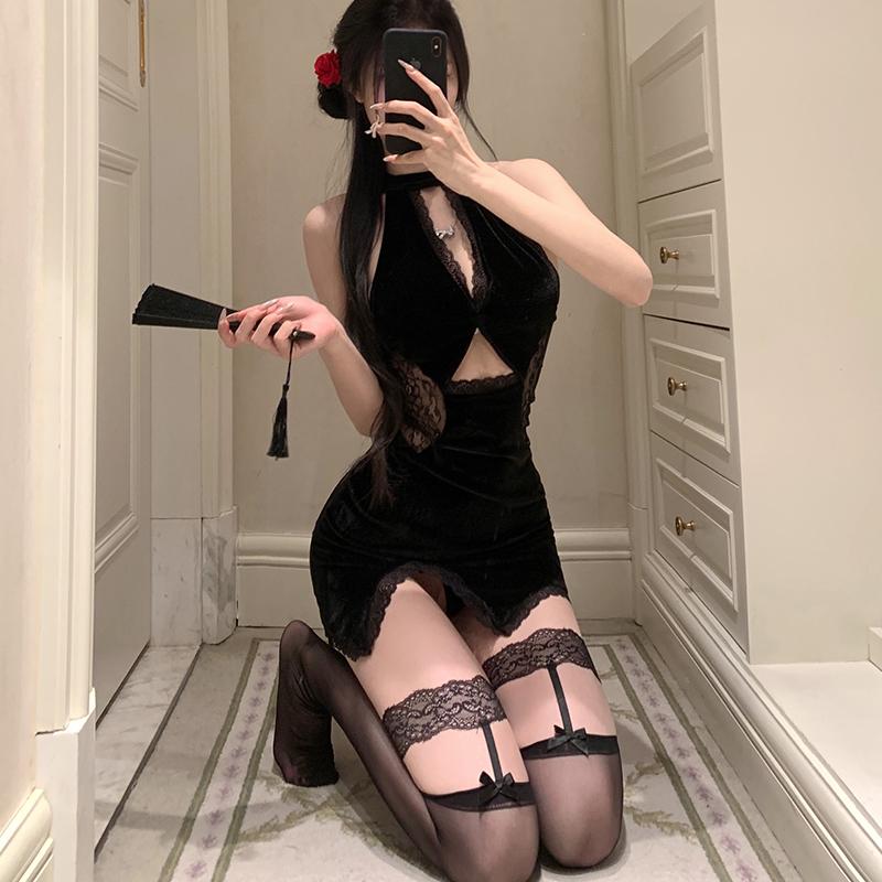 Purple Lingerie Sexy Cheongsam Velvet Lace Paneled Nightclub Costume Temptation Nightgown Set