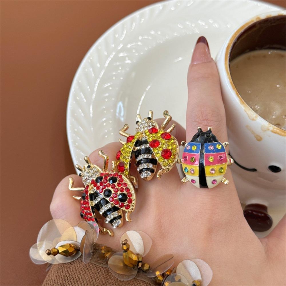 Rhinestone Chunky Enamel Ring Geometric Painting Ring Cute Insect Drip Oil Ring  Party