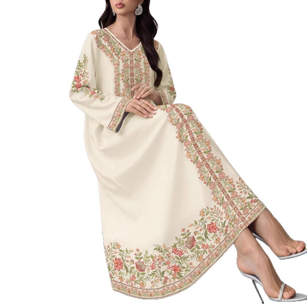 Spring and Autumn Ladies Plant Floral Print Fashion Casual Loose Flared V-Neck Long Dress