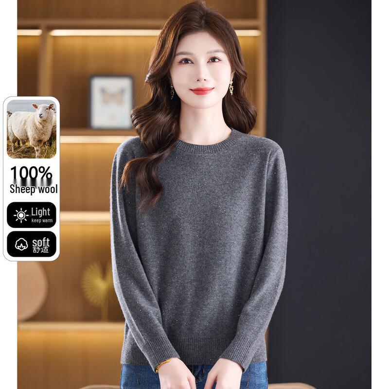 SNOWFLYING Women's Sequin Merino Wool Round Neck Sweater