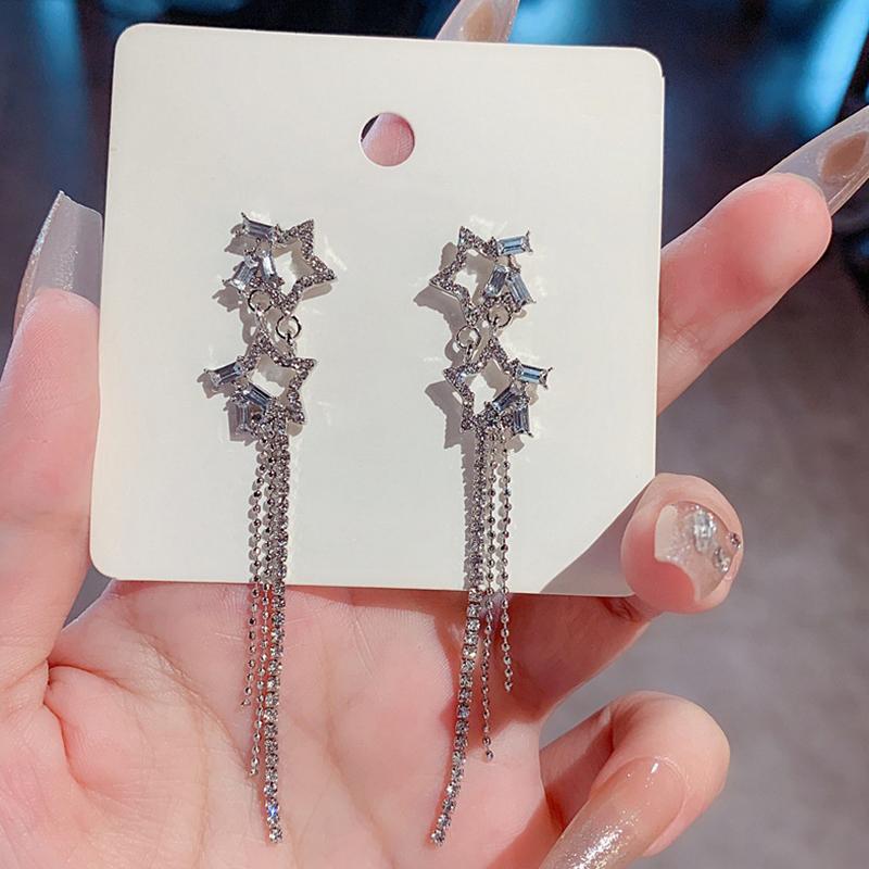 New Simple Stars Tassel Earrings For Women Delicate Shiny Rhinestone Drop Earring Fashion Wedding Gift Jewelry