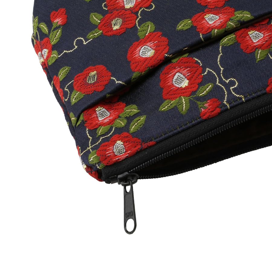 Senshishuin Nishijin Brocade PouchShrine Stamp Book Case (Lined) Navy Blue Snow-Wrapped Camellia (Small)