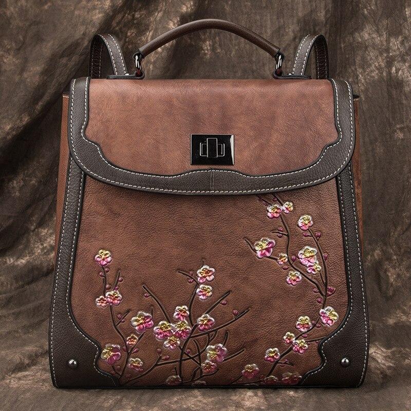 Handmade Embossing Genuine Leather Backpack 2021 New Women Bag Nature Soft Cowhide Travel Bags