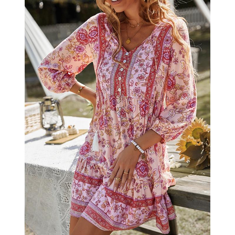 Damen Sommer Böhmisches Freizeit Urlaubs Kleid
