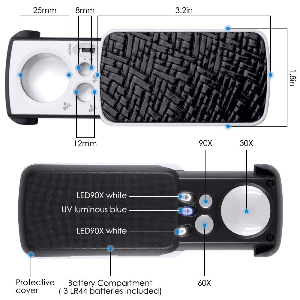 30X 60X 90X Pocket Jewelry Magnifier with UV LED Light Slide Out Magnifying Glass Optical Lens Loupe for  Diamonds Coins Stamps