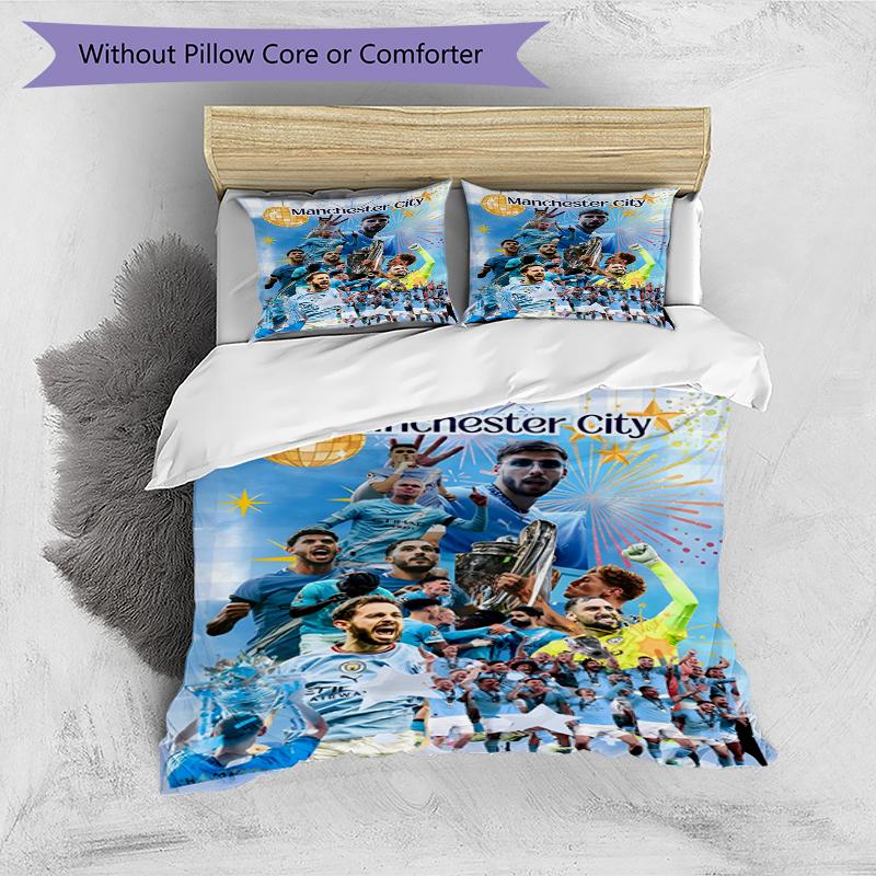 3pcs Duvet Cover Set (1*Duvet Cover + 2*Pillowcase, Without Core),Manchester City FC Print Bedding Set, Bedroom Decor, All‑Season, Birthday Gift