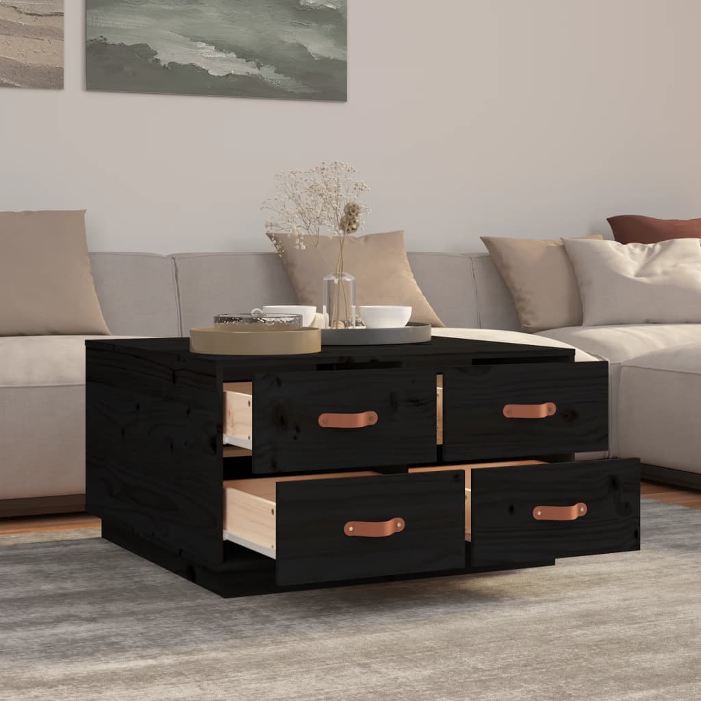  Coffee Table, Black, 80x80x45 Cm, Solid Pine Wood