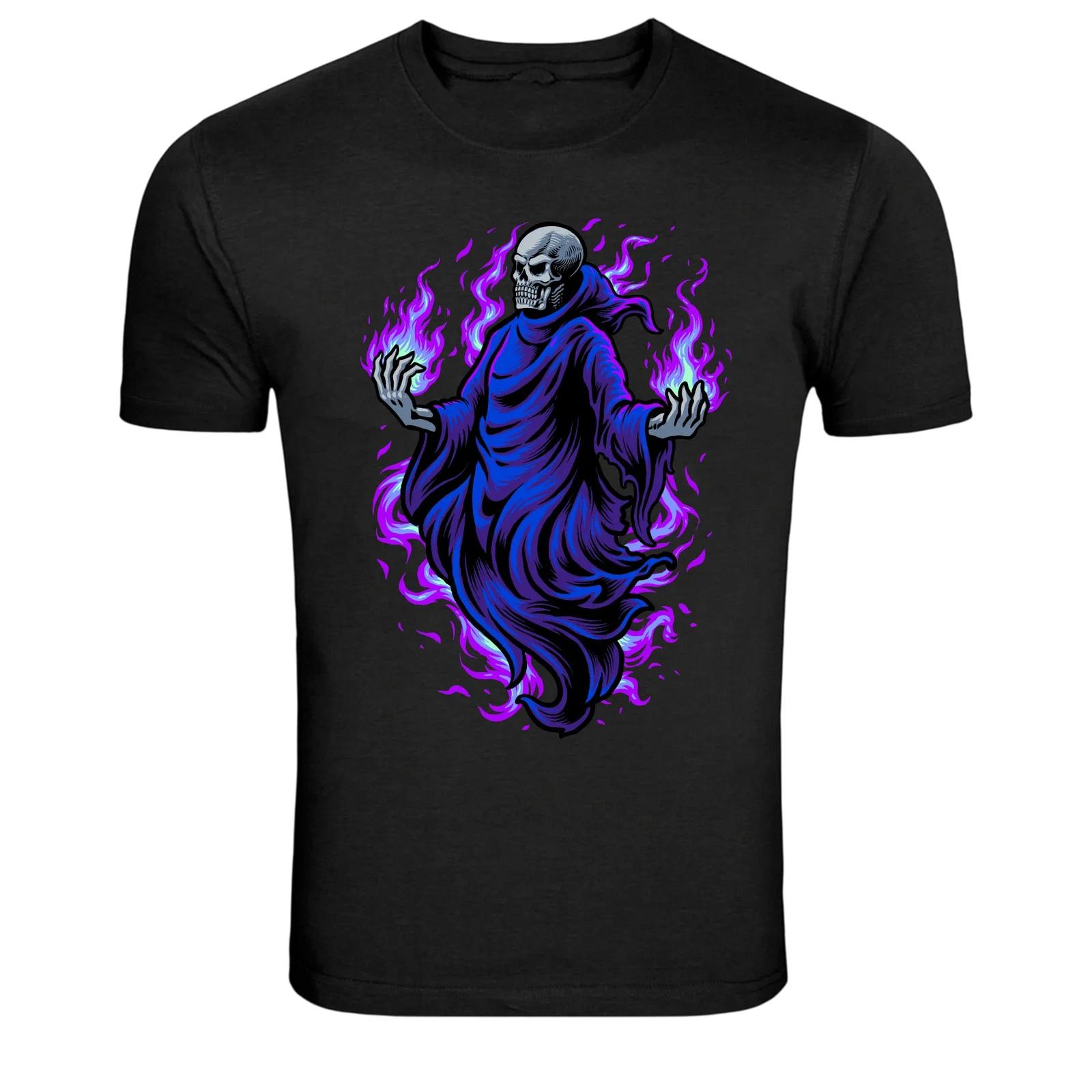 Dark Necromancer Skull Purple Flames Graphic T-Shirt S